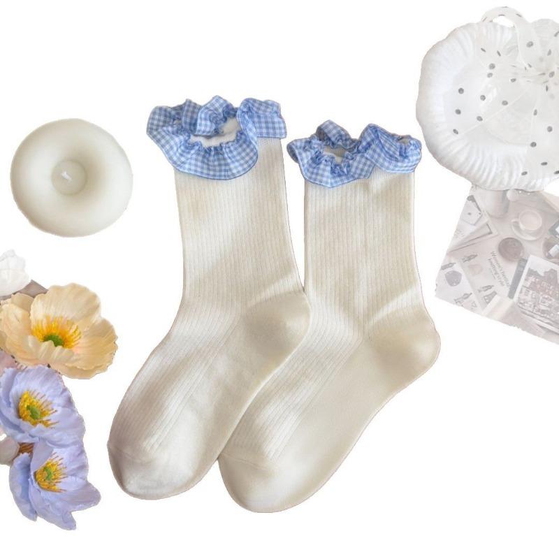 Chaussettes Hautes en Coton Pur Style Nouveau Printemps Été pour Femmes avec Dentelle et Nœud Ballet