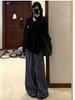 Plus Size Retro Blue Plaid High Waist Wide Leg Pants for Women - Autumn Winter Casual Loose Fit.