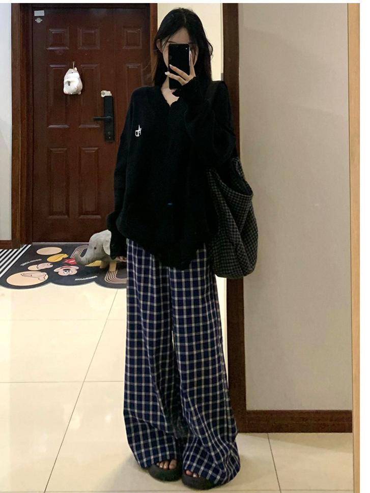 Plus Size Retro Blue Plaid High Waist Wide Leg Pants for Women - Autumn Winter Casual Loose Fit.