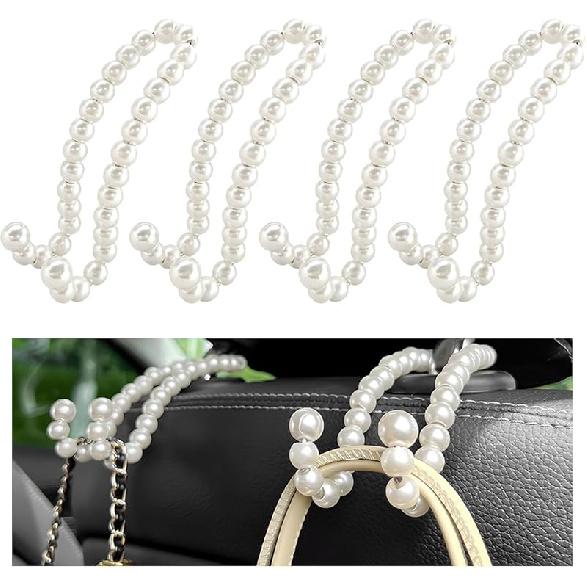 2 PCS Elegant Pearl Car Seat Headrest Hook, Cute Car Seat Hook Hanger Storage Organizer For Handbag Purse, Interior Decoration Headrest Hanger For