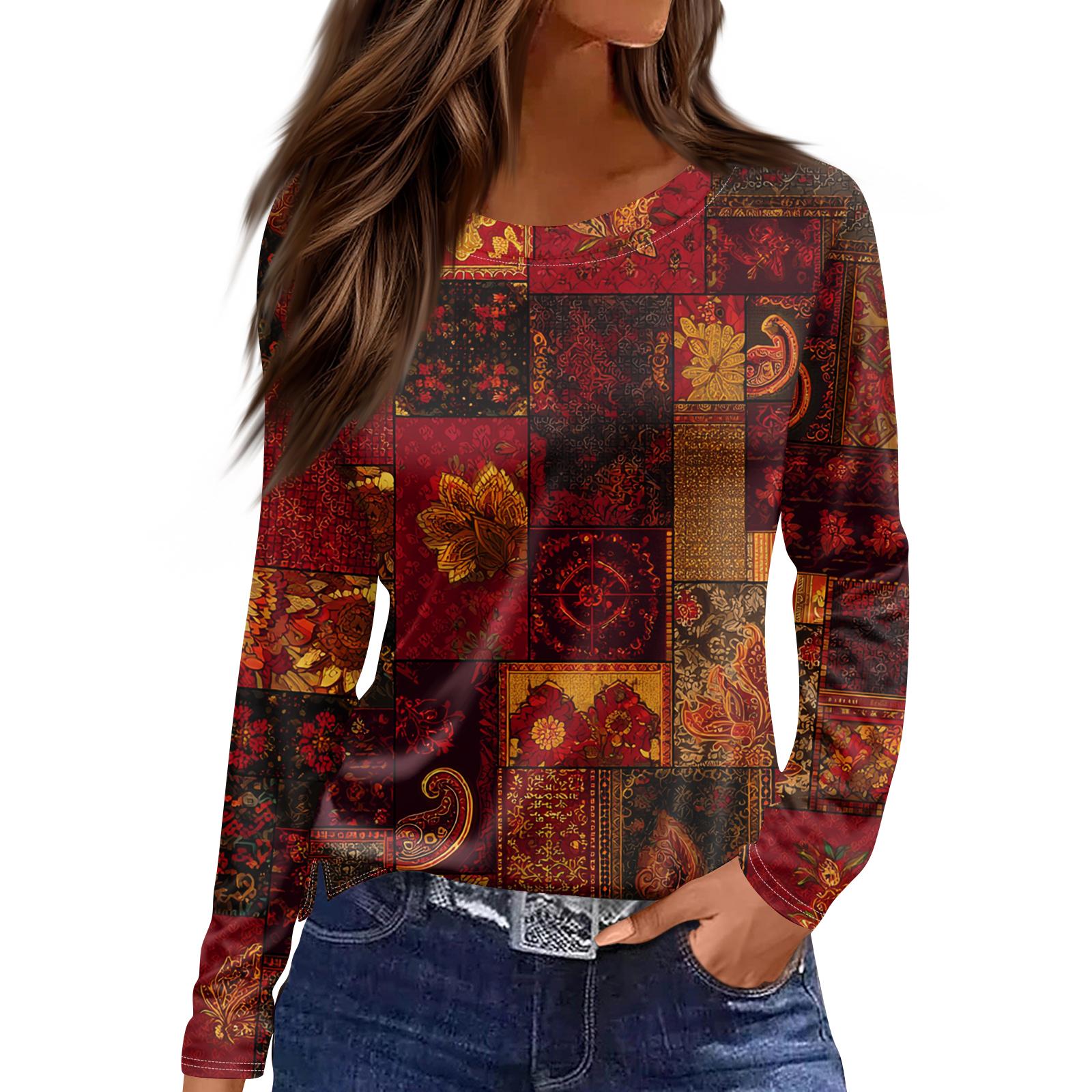 

Женская модная блузка с разрезом по подолу, повседневная, в стиле ретро, с цветочным принтом, круглым вырезом и длинными рукавами XL красный