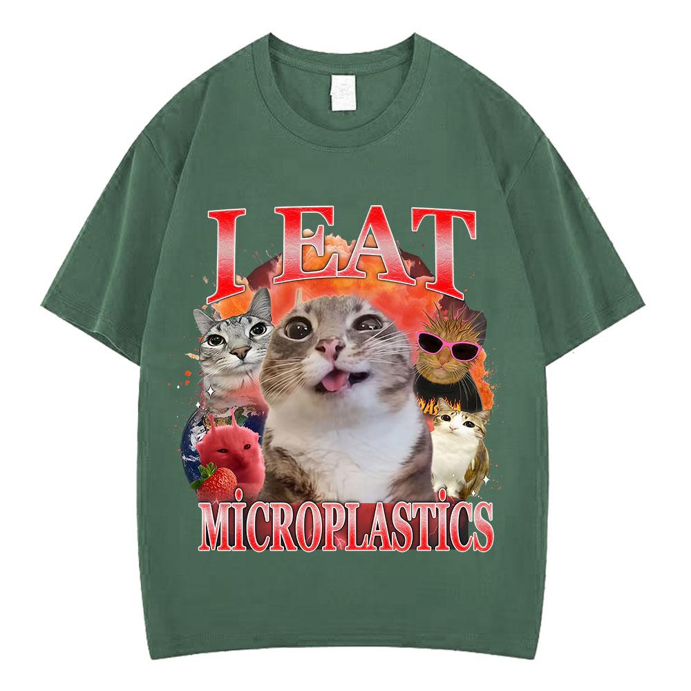 I Eat Microplastics Funny Cat Meme T-shirt Men Women Fashion Oversized T-shirts Casual Cotton Loose Short-sleeved T Shirts