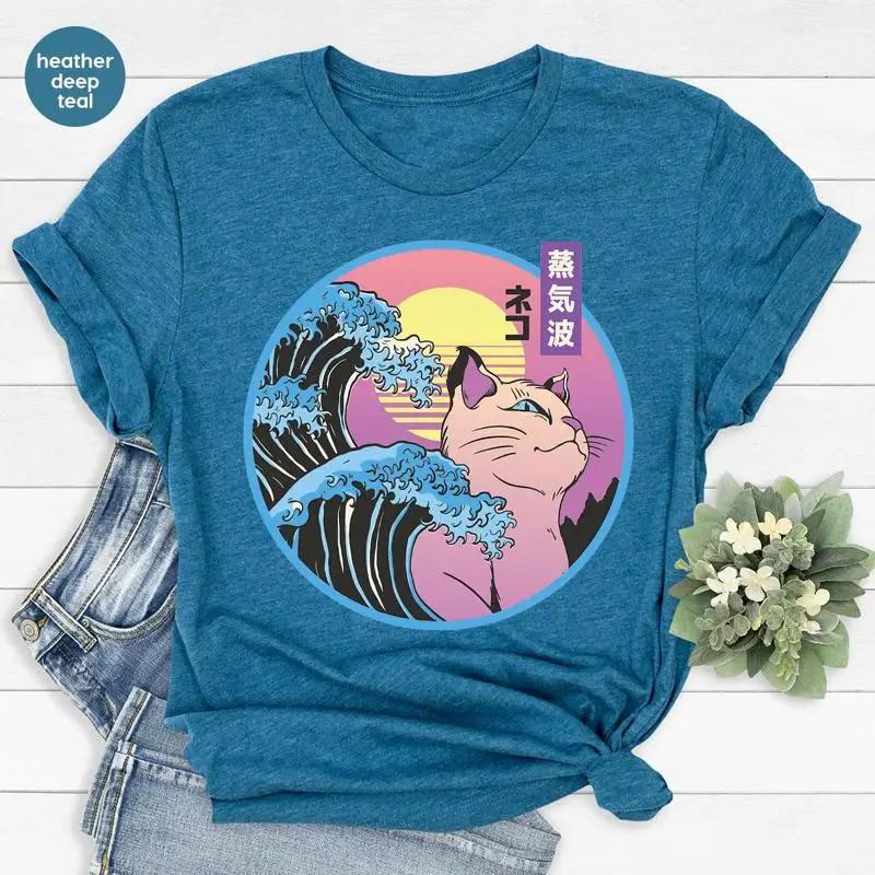 Japanese Kawaii T Shirt Synthwave Vaporwave CaT Great Wave of Kanagawa Retro Aesthetic Cool Bac