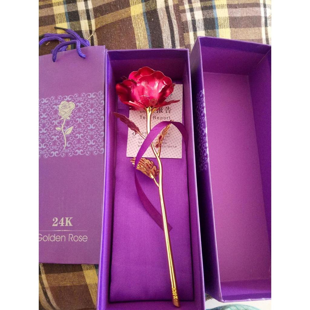 GIFT Red Rose Flower with Golden Leaf with Gift Box with Carry Bag 29 cm x 10 cm x 10 cm