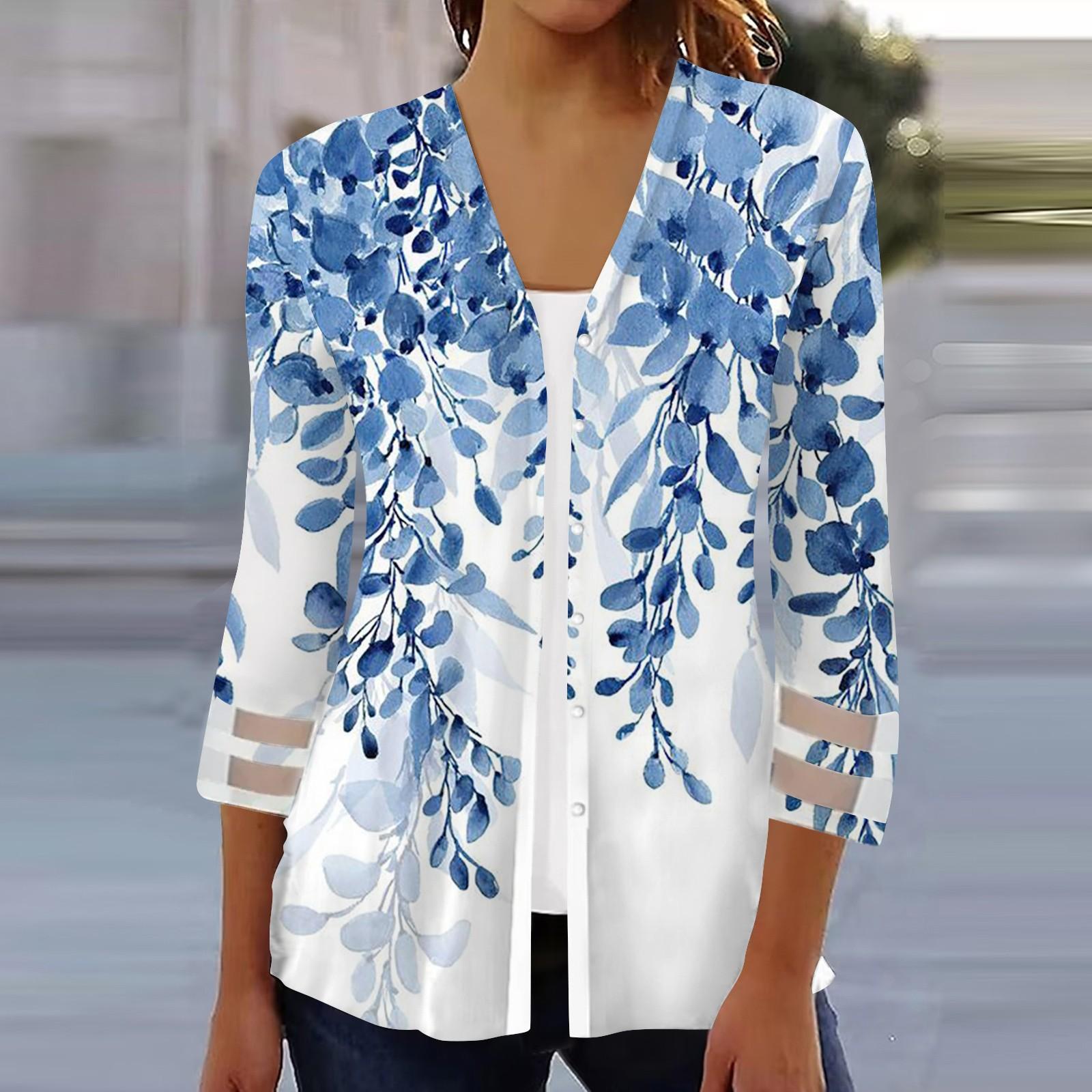 

Женская свободная повседневная рубашка с принтом и рукавами три четверти, сетчатая рубашка на пуговицах, кардиган, топ XL синий