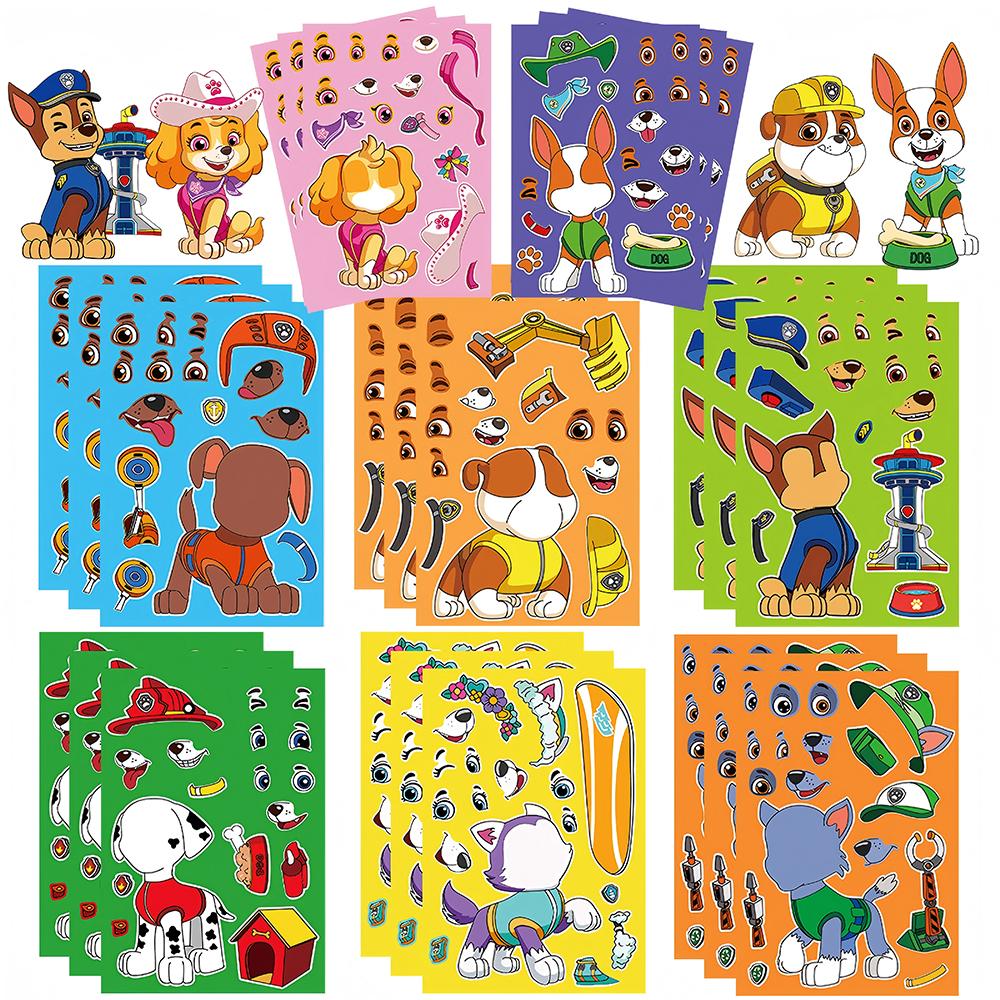 6/8/12/16pcs PAW Patrol Puzzle Anime Stickers DIY Ryder Chase Make-a-Face Assemble Funny Cartoon Decal Assemble Jigsaw Sticker