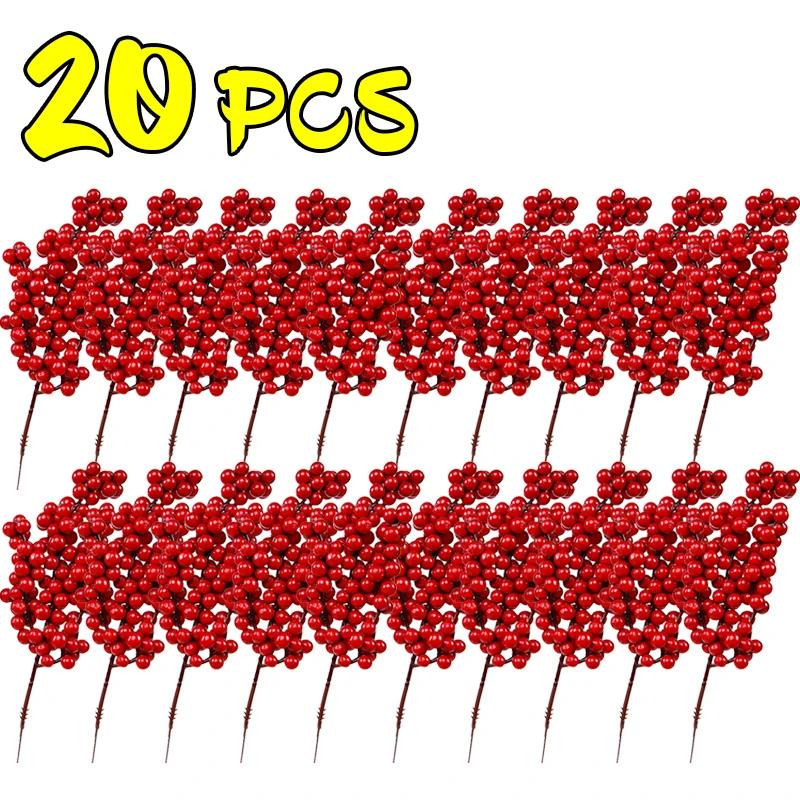 50/1PCS Christmas Red Berry Branches Artificial Holly Berries Stamen Fake Flowers Plants Ornaments for New Year Party Home Decor