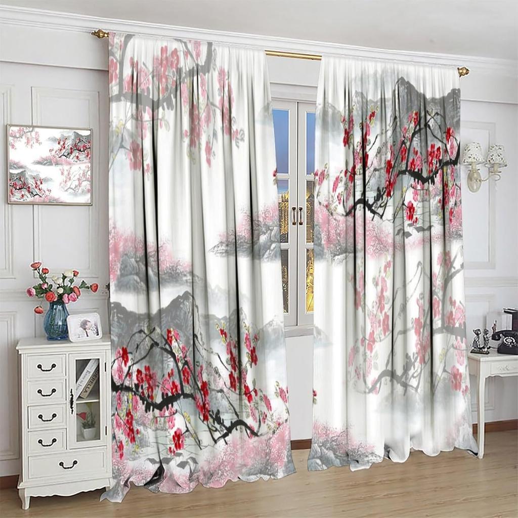 Asian Cherry Blossom Curtains   Retro Simple Red Japanese Ink Landscape Plum Blossom Window Treatments Drapes for Girls Living Ro