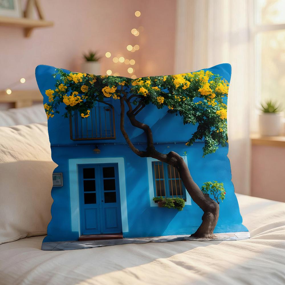 Village Door Window Oil Art Cushion Cover Silky Short Plush Invisible Zipper Dustproof Sofa Pillow Case For Home Decor