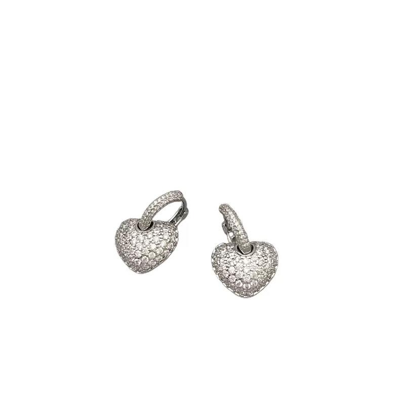 Silver Needle Three-dimensional Heart-shaped Hollow Diamond-encrusted Elegant Earrings with Heart-shaped Double-sided Ear Clasps Trendy Style