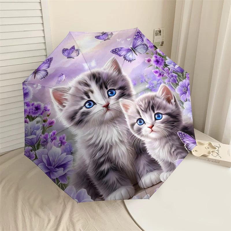 

1PC Kittens Flowers Umbrella-8-Rib Reinforced Portable Folding Travel Suitable for All Seasons Outdoor Daily Use -J0388