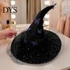 Witch Hat for Halloween Costume Women, Large Glitter Sequins Mesh Wizard Decorative Party Cosplay with Butterfly Accessory, Elegant Curved Brim