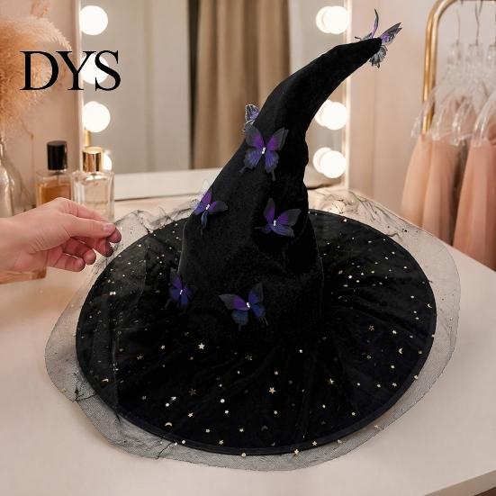 Witch Hat for Halloween Costume Women, Large Glitter Sequins Mesh Wizard Decorative Party Cosplay with Butterfly Accessory, Elegant Curved Brim