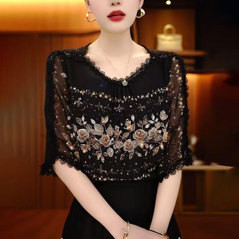 Ladies Faionable Loose Ort Sve Round Ne T-irt Summer Sle Slimming Base Irt Mom Summer Trendy Print Blouse XS