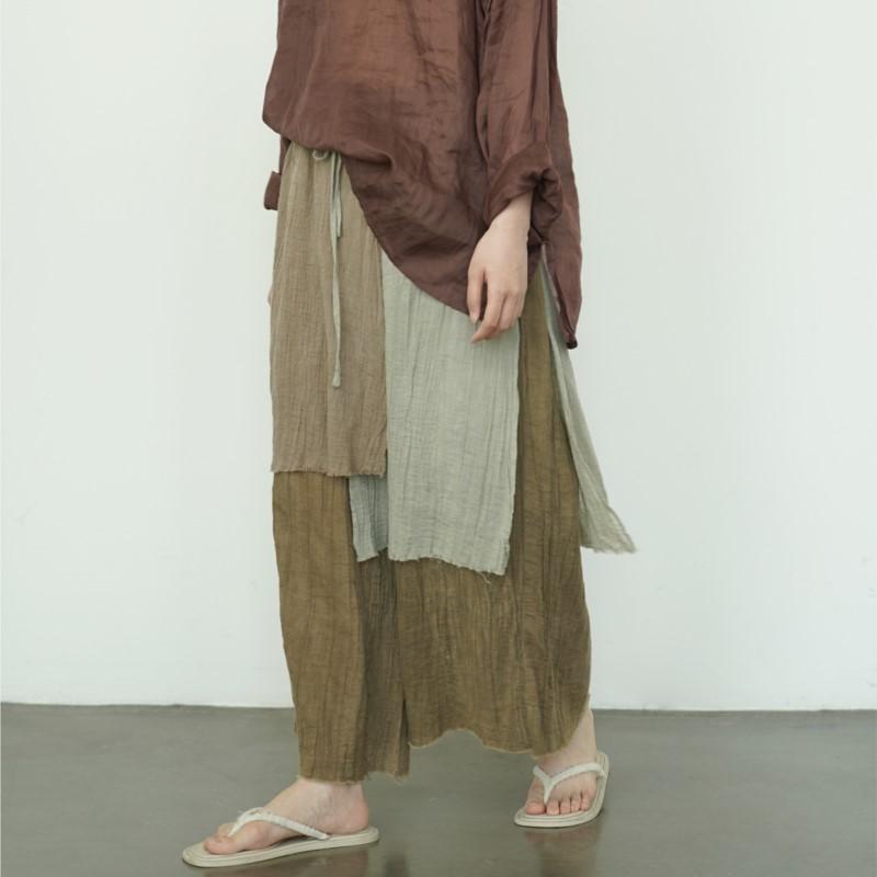 Johnature Women Vintage Patchwork Wide Leg Pants Elastic Waist Trousers Summer Loose Ankle Length Pants