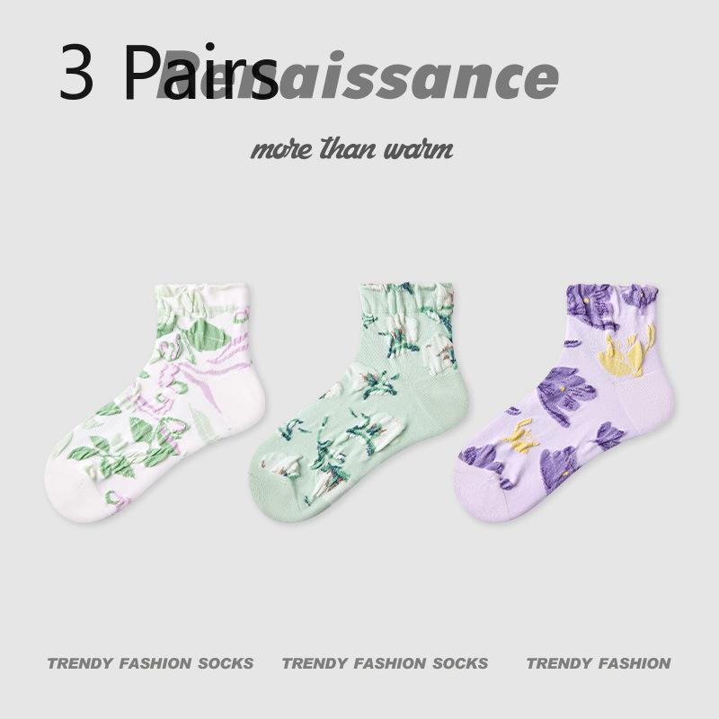 3 Pairs of Women's Summer Thin Geometric Design Breathable Stripe Low Top Socks
