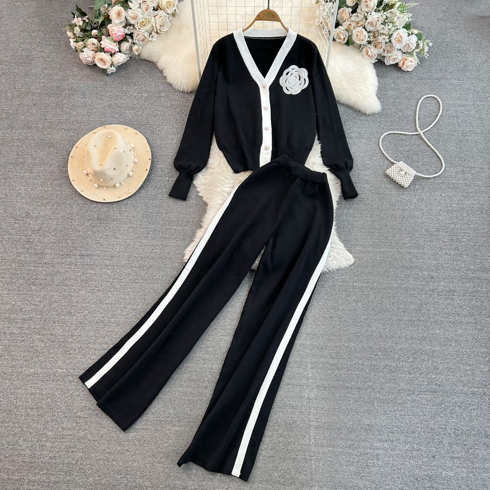JPNTKY Fashion Set: Long-sleeved, Contrasting Color, V-neck Knitted Cardigan, Two-piece Set, High-waisted, Straight-leg, Wide-leg Pants