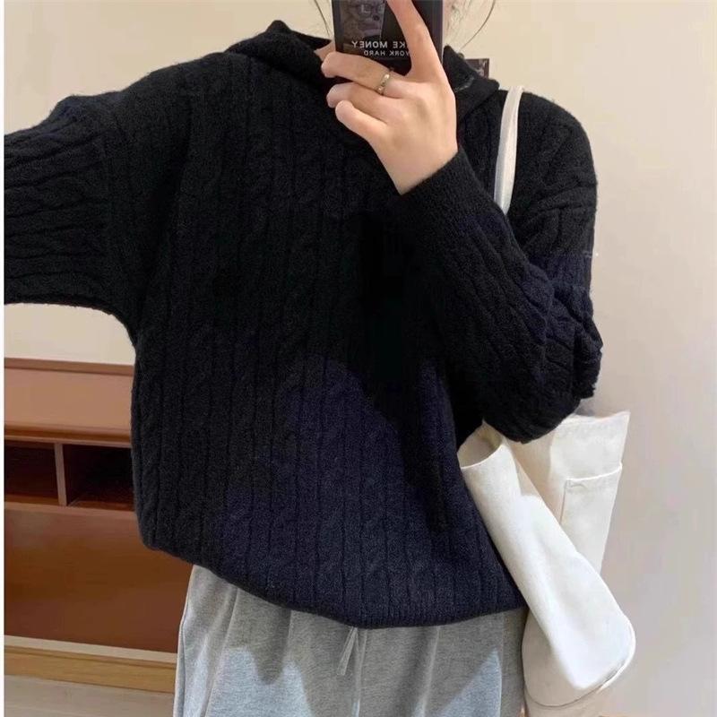Herbst und Winter Retro Mode Freizeit Unifarben Zopf Pullover Kapuzenpullover Damen Locker Fauler Stil Weich Wachsig Einfach