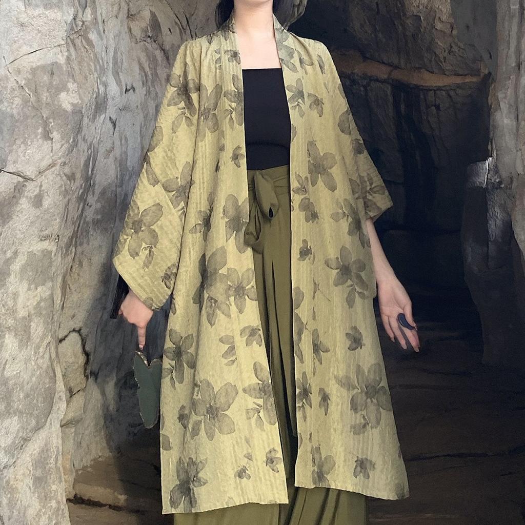 Women's 3-Piece Chinese Hanfu Set, Printed Open Front Cardigan & Wide Leg Song Pants, Zen Style Daily Wear Outfit