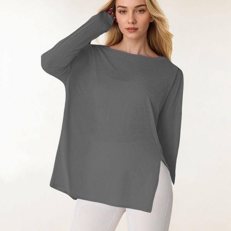 

Loose Side Slit Blouse Thin Breathable High Waist Micro Pull Running Training Workout Clothes Sports Suit Two-piece Set Elastic Silver Gray(Tops) S