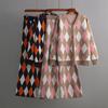 Women's Clothing, Geometric Rhombus Knitted Cardigan Set, Women's Autumn and Winter Loose Casual Sweater Pants Two-piece Set