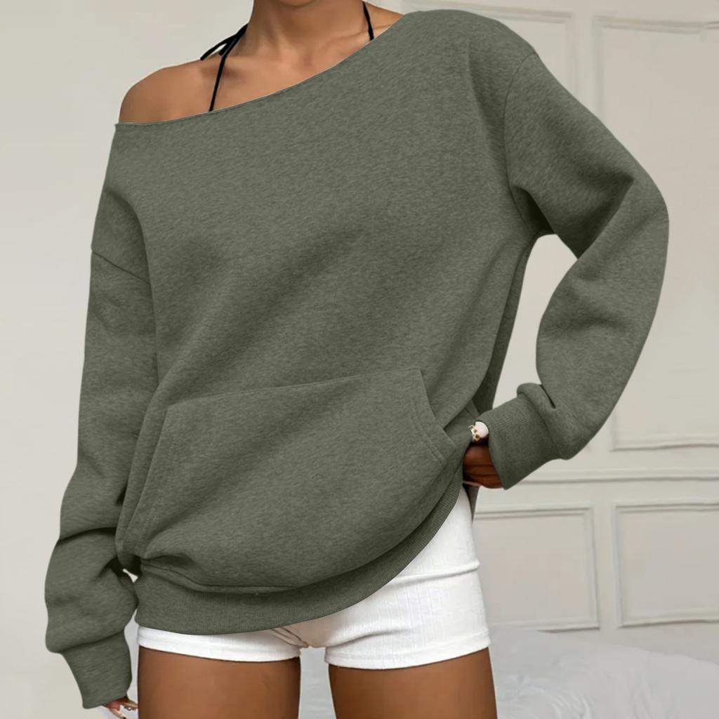 Women Off Shoulder Long Sleeve Pullover Sweatshirt Loose Fit Casual Oversized Top with Front Pocket for Everyday Wear