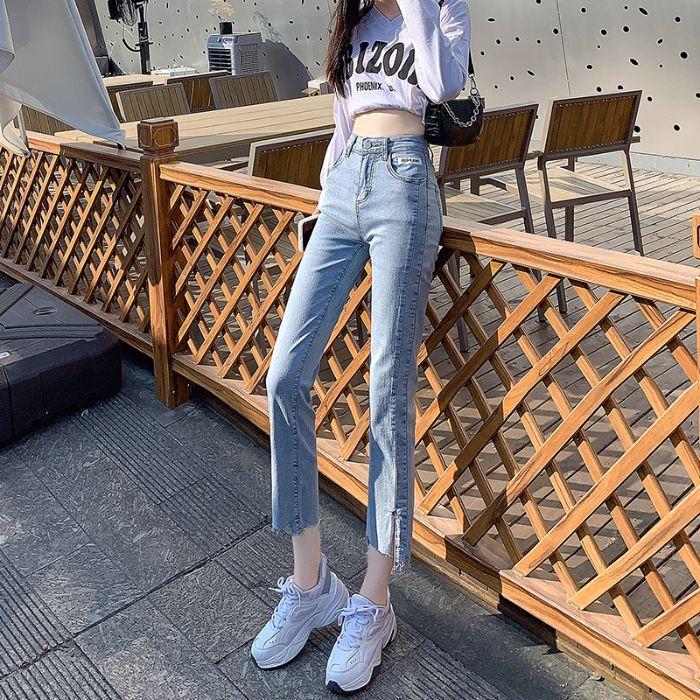 Spring Light Tone High Waist Stretch Slim Narrow Petite Smoke Pipe Denim Pants Ladies Casual Pants Oversize Denim Trousers