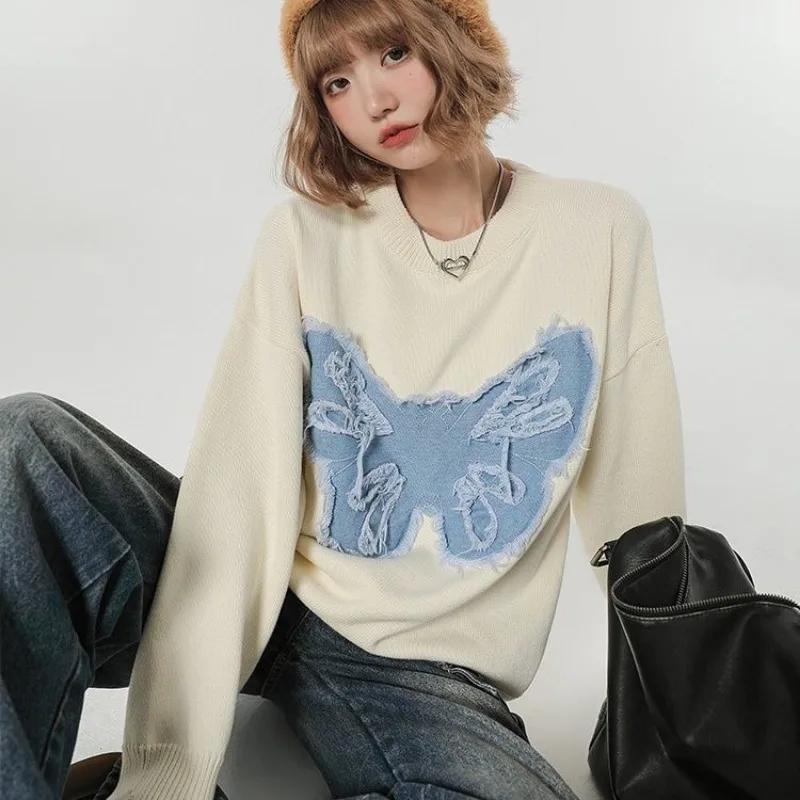 Svetr distressed denim vyšívaný motýl svetr design netopýr rukáv top podzim top rock volný svetr dámská