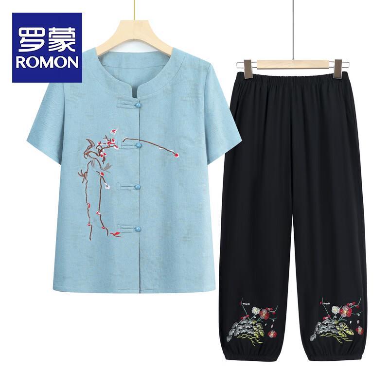 Romon Women s Elder Cotton Linen Summer Two-Piece Set 5XL синий