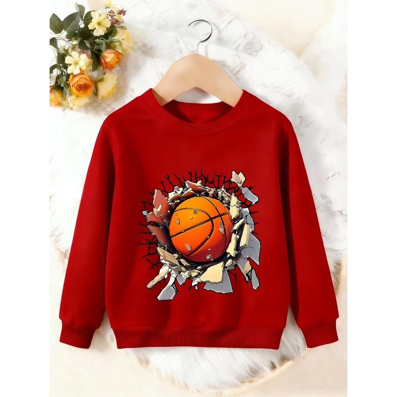 Unisex Kids Crewneck Sweatshirt, 3D Broken Wall Basketball Print Pullover, Boys Girls Sport Casual Sweatshirt For Kids Over 4 Years Old