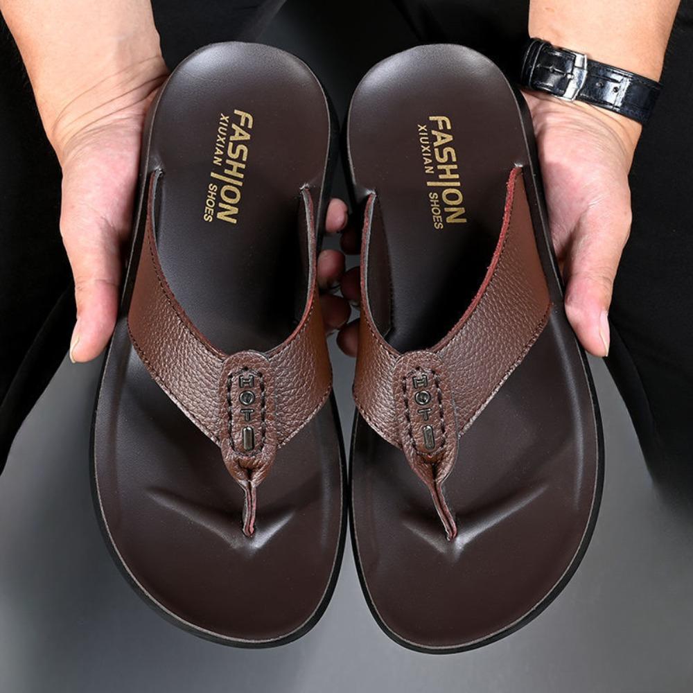 

Men Summer Sandals Flip Flops Leather Breathable Non Slip Beach Slippers 44