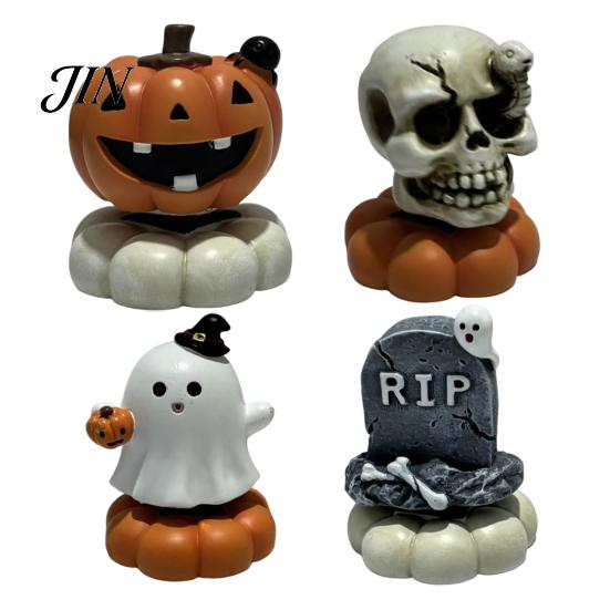 Collectible Halloween Figures Spooky Figurine, Small Resin Rotating Ghost Skull Pumpkin Gravestone Decorative Centerpieces Statue, Tabletop