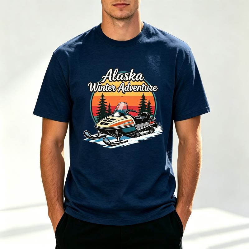 Alaska Winter Adventure T Shirt Snowmobile Graphic Tee Retro Sunset Mountain Pine Tree Print Cotton Short Sleeve for Unisex