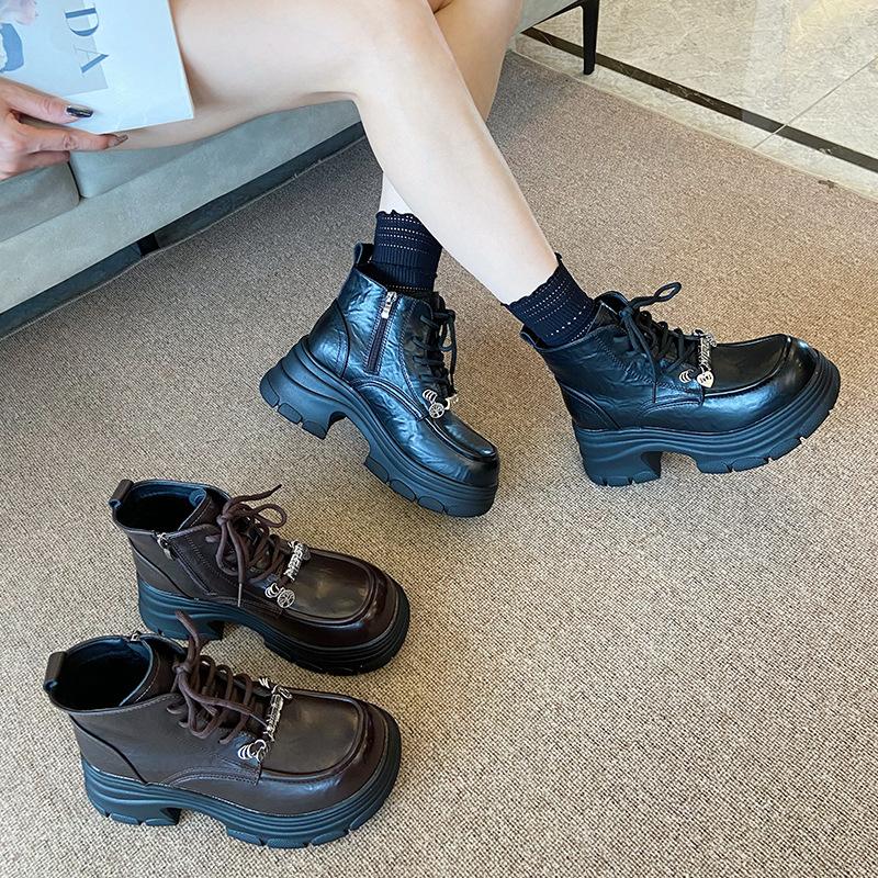 3380-3 Thick-soled Heightening Martin Boots Women's 2025 Autumn and Winter Leather Shoes Women's British Style Short Boots Thick Heel Short Boots
