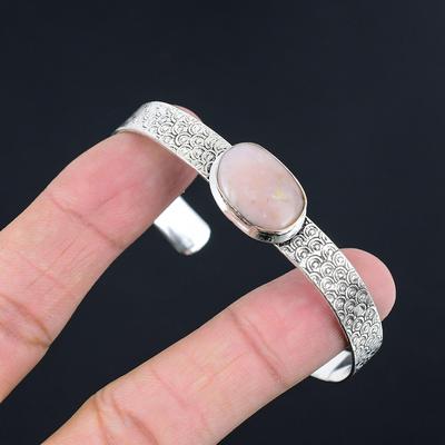 Oval Pink Opal Stone Unique Birthday Art Deco New Bangle Jewelry Sterling Silver