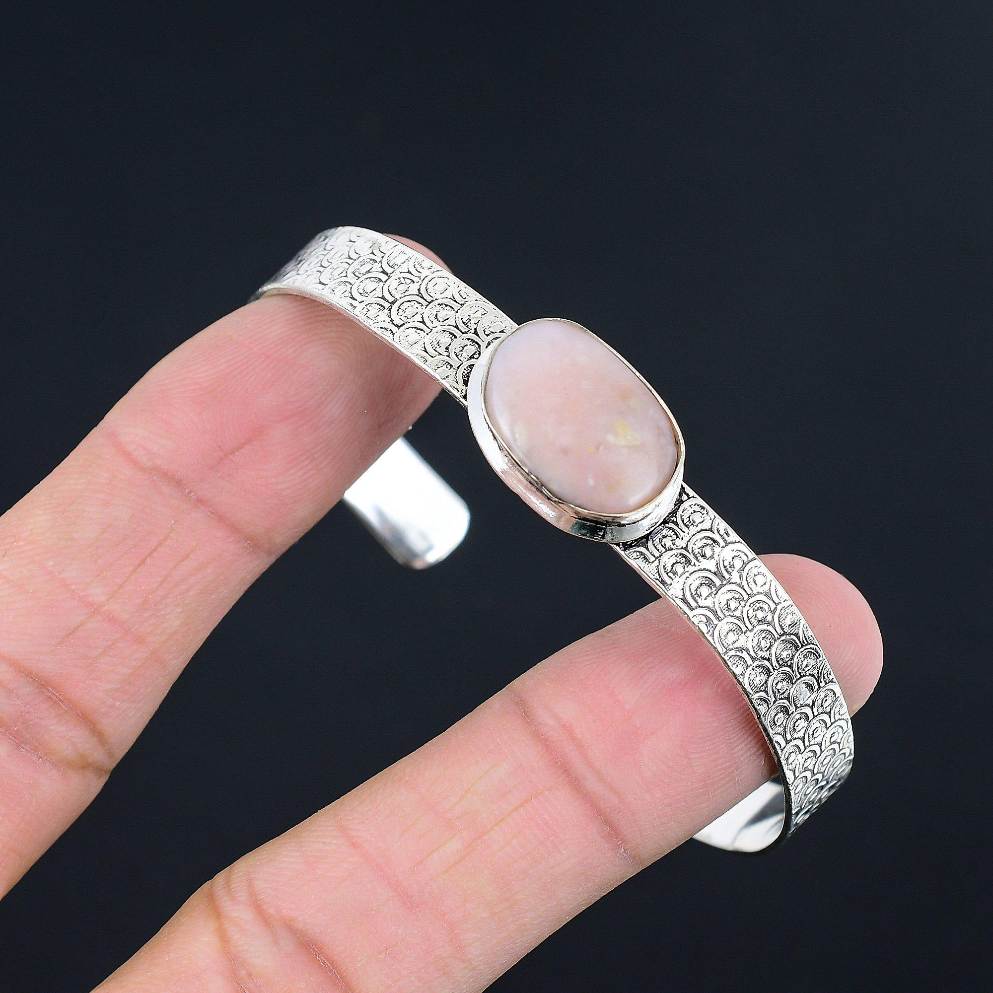 

Oval Pink Opal Stone Unique Birthday Art Deco New Bangle Jewelry Sterling Silver Adjustable
