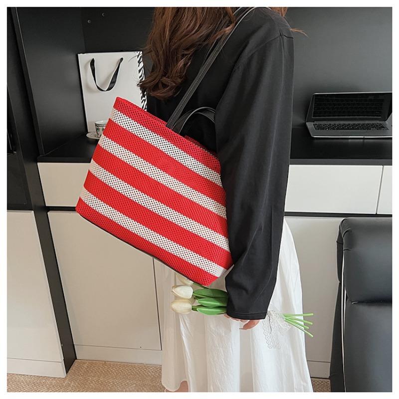 Fashion Commuter Large-capacity Bag Women's New Striped Shoulder Bag Casual Contrasting Color Portable Tote Bag