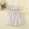 Girls Hand Smocked Floral Dress Vintage Embroidered Princess Dress Summer Cotton Breathable Sweet Kids Clothing