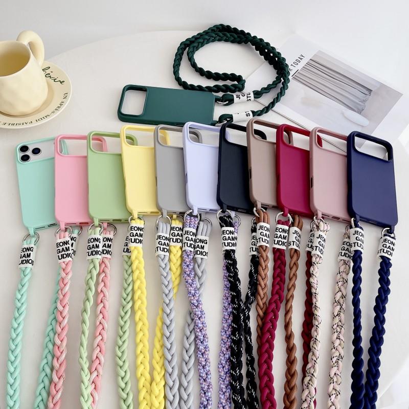 Solid Braid Lanyard Case For iPhone 17 Pro Max 16 16E 15 Plus 11 12 13 14 Fashion Crossbody Cord Strap Soft Silicon Cover