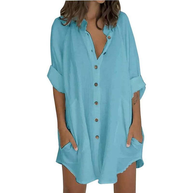 

Beach European and American Women s Clothing Cotton Linen Single Breasted Long Long Sleeve Loose-Fitting Shirt Women s Elegant Women s Clothing Blue XL