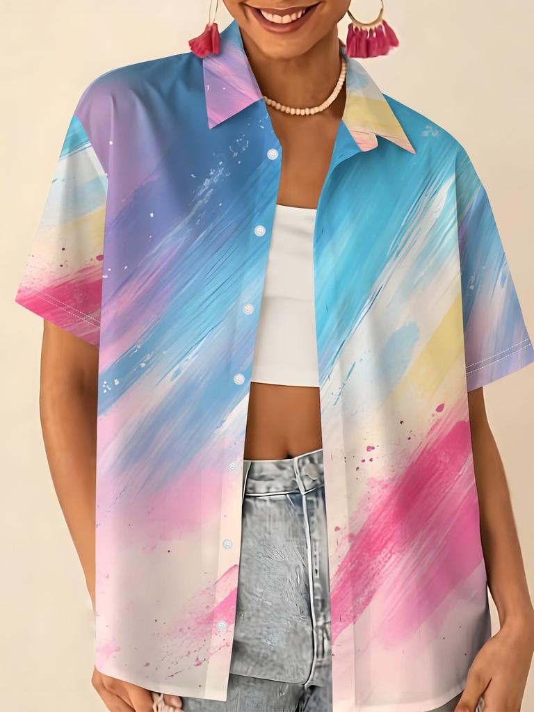 Love printed short-sleeved shirt women's summer loose casual lapel shirt retro niche top