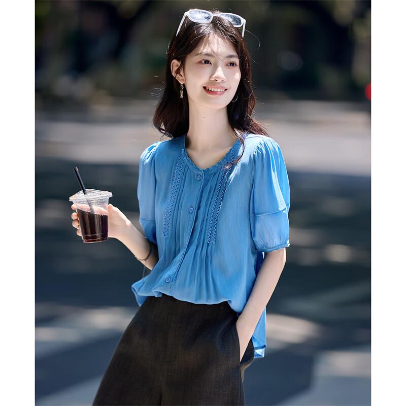 Блузка с коротким рукавом, плиссированная, кружевная, в стиле Аврора, от ShangJing M