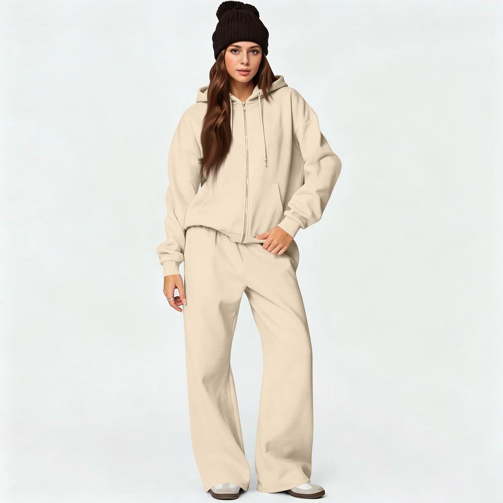 Damen Reißverschluss Hoodie und Weite Hosen 2-teiliges Set, Lockerer Trainingsanzug