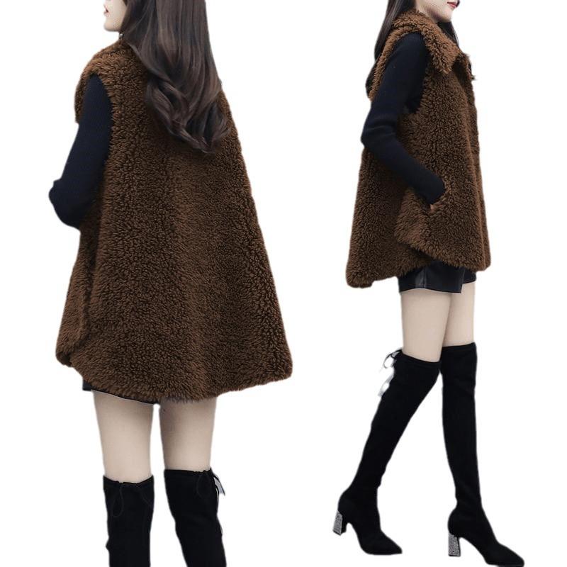 MÓDA Imitace jehněčí vlny vesta dámská 2024 nová podzim zima kožešina integrovaná středně dlouhá volná vesta kabát kabát Oblečení