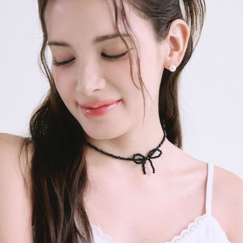 NUOY Black Ribbon Crystal Choker Necklace