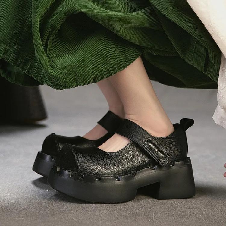 Johnature Genuine Leather Thick Soled High Heels Pumps Fashion Round Toe Women's Platform Shoes