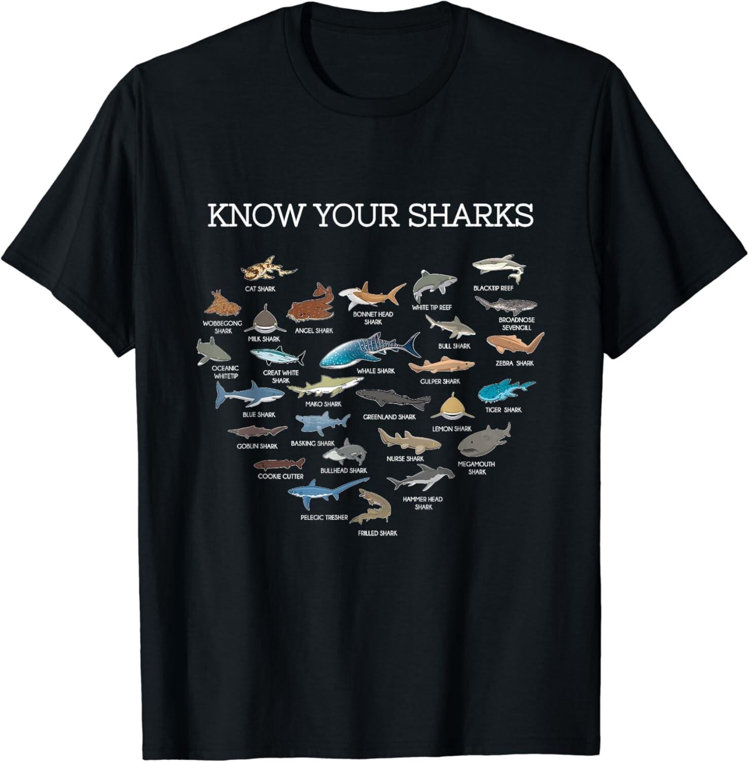 Shark Faces Types Of Sharks Gift Marine Biology Ocean Shark Gift Unisex T-Shirt Mens Womens Tees Top 3XL