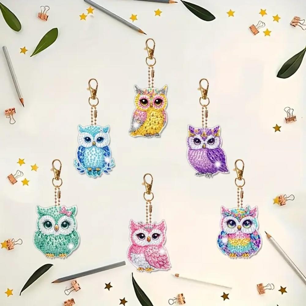 6Pcs/SetDIY Diamond Painting Keychain - Animal Owl Pattern, DIY Decoration, Diamond Kit Craft Supplies, Handmade Mosaic Painting
