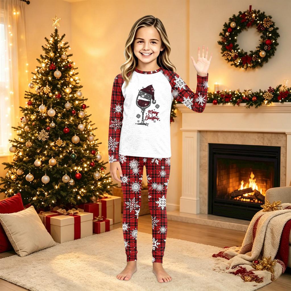 Matching Family Christmas Print Long Sleeve Round Neck Set for Parents and Kids