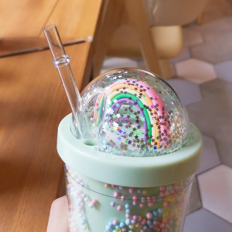 Cartoon Adorable Rainbow Cup with Straw Double Plastic BPA Free Woman Girl Water Bottle for Juice Milk Coffee 500ml Drinking Tumbler